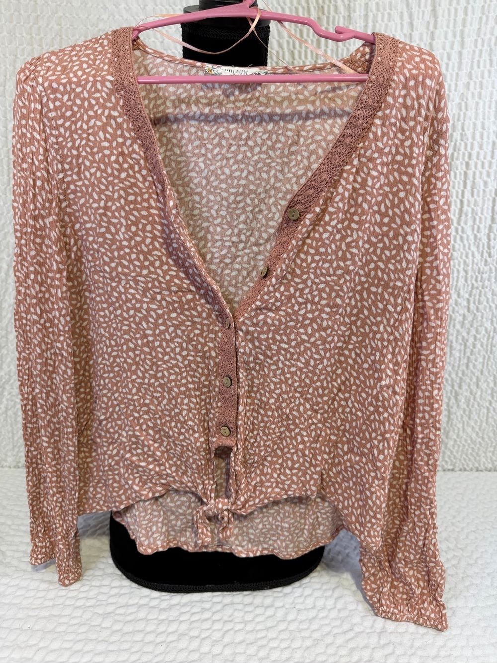 Pink Rose Dusty Rose Printed Button-Front Tie Hem Blouse